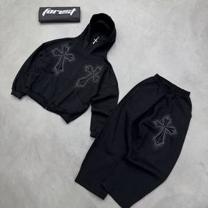 Sudadera con capucha para hombre, con cremallera completa, de algodón French Terry, estilo streetwear Y2K, con gráfico de cruz con pedrería brillante y logotipo personalizado. - Product Image 3