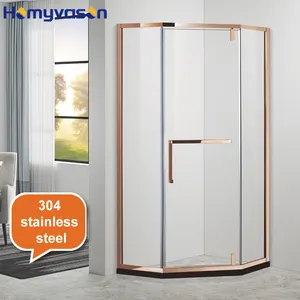 Pivot Diamond Rose Gold Cabina sin marco Esquina Vidrio templado Partición de ducha Caja de puerta corredera curva - Product Image 1