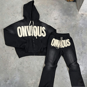 Ensemble de survêtement deux pièces pour homme, personnalisé OEM, en molleton épais, avec pantalon de survêtement à patch brodé effet vieilli et sweat à capuche à strass délavé à l'acide - Product Image 2