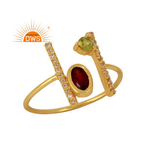 Anillo de Piedras Preciosas de Granate y Peridoto, Diseño de Barra Paralela, Chapado en Oro, Plata de Ley, Anillo Apilable, Proveedor de Joyería - Product Image 1