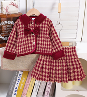 Setelan 2 Potong untuk Bayi Perempuan, Mantel Tweed Kotak-kotak, Rok Lipit, Kerah Beludru dengan Hiasan Pita, Setelan Anak Perempuan untuk Liburan dan Ulang Tahun