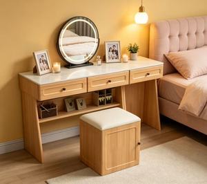 Premium Oak White Top Dressing Table Round <b>LED</b> <b>Mirror</b> Triple Drawer Open Compartment <b>Makeup</b> Vanity With Storage Stool - Product Image 5