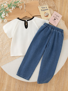 Completo Estivo per Bambine <span class=keywords><strong>4</strong></span>-7 Anni, Camicia Rosa e Bianca con Fiocco e <span class=keywords><strong>Pantaloni</strong></span> in Denim, Outfit in <span class=keywords><strong>3</strong></span> Colori - Product Image 6