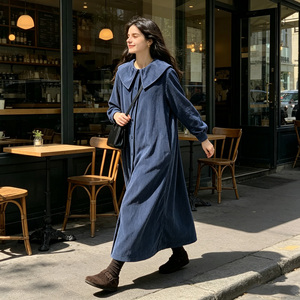 Robe Abaya d'été bleue unie à col Peter Pan, manches longues, coupe ample, couleur unie, robe décontractée musulmane pour le quotidien - Product Image 5