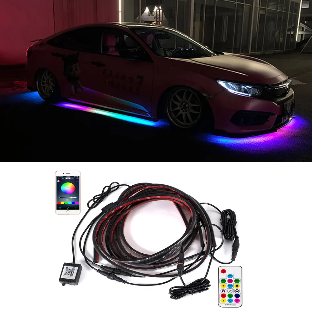 Lampu LED Strip Mobil Neon Fleksibel, Remote Control APP, Warna Mengalir, Sistem Underglow RGB, Sistem Bawah Bodi