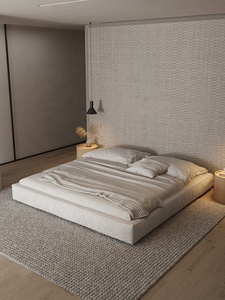 Lit de rangement assemblé avec cadre en pin minimaliste Wabi-sabi, avec revêtement en tissu, taille lit double, lit de mariage - Product Image 1