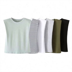 Camiseta sin mangas básica de algodón con cuello redondo y hombreras para mujer al por mayor - Product Image 1