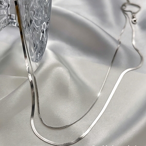 Collana a Doppio Strato in Argento Sterling S925, Girocollo con Catena a Spina di Pesce e Box, Gioielli Minimalisti Impilabili per Donne - Product Image 2