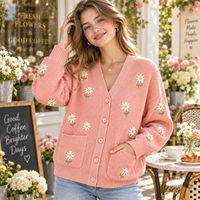 Cardigan personnalisé pour femme, broderie florale, col en V, boutonné, manches longues, cardigan en tricot pour femme avec poches, OEM ODM