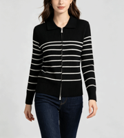 Cardigan en tricot rayé pour femmes en tissu doux, col polo côtelé, manches longues, coupe slim