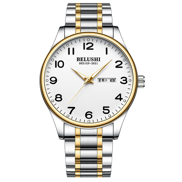 New BELUSHI Watches B-585 Old Couple Watch 3ATM Waterproof Old Man's Watches Stainless Steel Band Luminous Hands Week Calendar