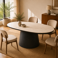 Table à manger ovale moderne en marbre avec piétement en bois noir pour salle à manger de luxe