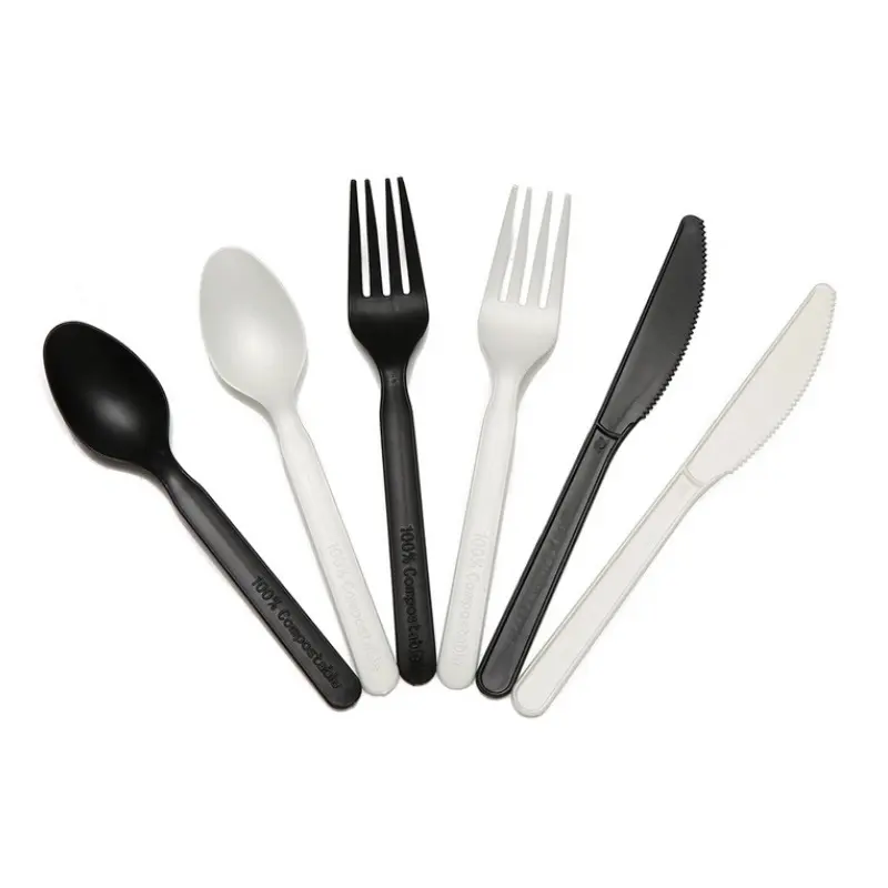6" Light Disposable Cornstarch Cutlery Set- CPLA Knife Fork Spoon- Biodegradable Compostable Material, With Custom Serving