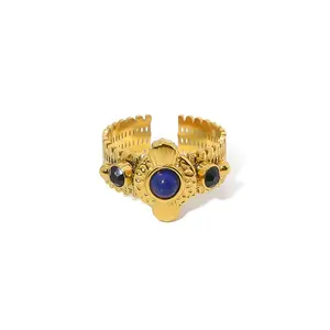 Natural stone diamond opening titanium steel ring does not fade a small high-grade sense lapis lapis hand jewelry