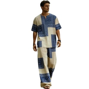 <span class=keywords><strong>Traje</strong></span> de <span class=keywords><strong>hombre</strong></span> nuevo de verano con estampado moderno, estilo europeo-americano, talla grande, informal, de manga corta y pantalón largo, 100% bambú, transfronterizo. - Product Image 5