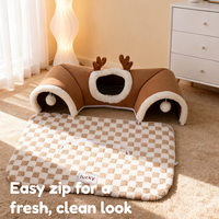 Lit tunnel pour chat en peluche amovible et mignon, semi-fermé, type grotte chaude, avec jouet pompon suspendu, pour chaton d'intérieur, toutes saisons, amovible