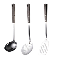 Ensemble d'ustensiles de cuisine en métal écologiques avec manches en bois naturel |   Cuillère de cuisine, spatule et presse-purée inclus