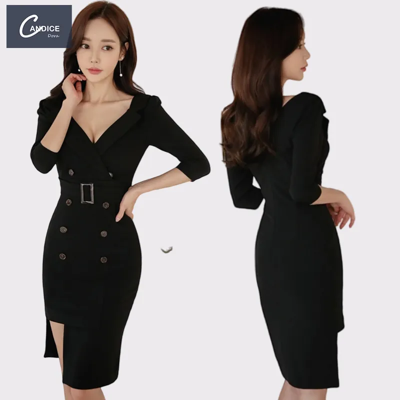 Candice novo estilo coreano preto irregular manga longa camisa elegante mulheres vestidos moda 2014