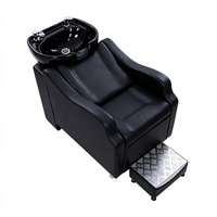 Fauteuil de lavage moderne noir avec bac en céramique, dossier inclinable, repose-pieds amovible – Station de lavage de cheveux pour salon de coiffure et barbier