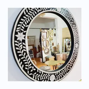 Handcrafted Traditional Design Black And White Floral Bone Inlay Frame Wall Mirror Round Mirror Bathroom Bedroom Decor