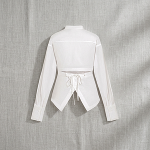 Women's <b>White</b> <b>Chiffon</b> O-Neck Casual Blouse Ruched Side Ties Full Sleeve Breathable Minimalist Style Sheer Layer Regular Length - Product Image 2
