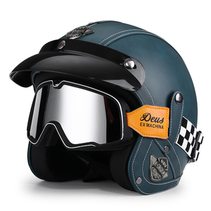 Nouveau casque de <span class=keywords><strong>moto</strong></span> rétro en cuir 3/4 ouvert, style vintage Cafe Racer, <span class=keywords><strong>masque</strong></span> détachable, coque ABS légère, toutes saisons - Product Image 3