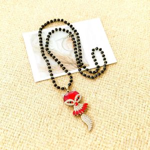 Fox Pendant Necklace Black Beaded Chain Red Animal Design Everyday Wear - Product Image 1