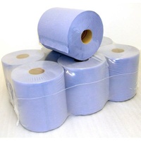 Distributeur automatique de serviettes en papier écologique, utilisant du papier recyclé bleu pour les toilettes industrielles, idéal pour sécher les mains.