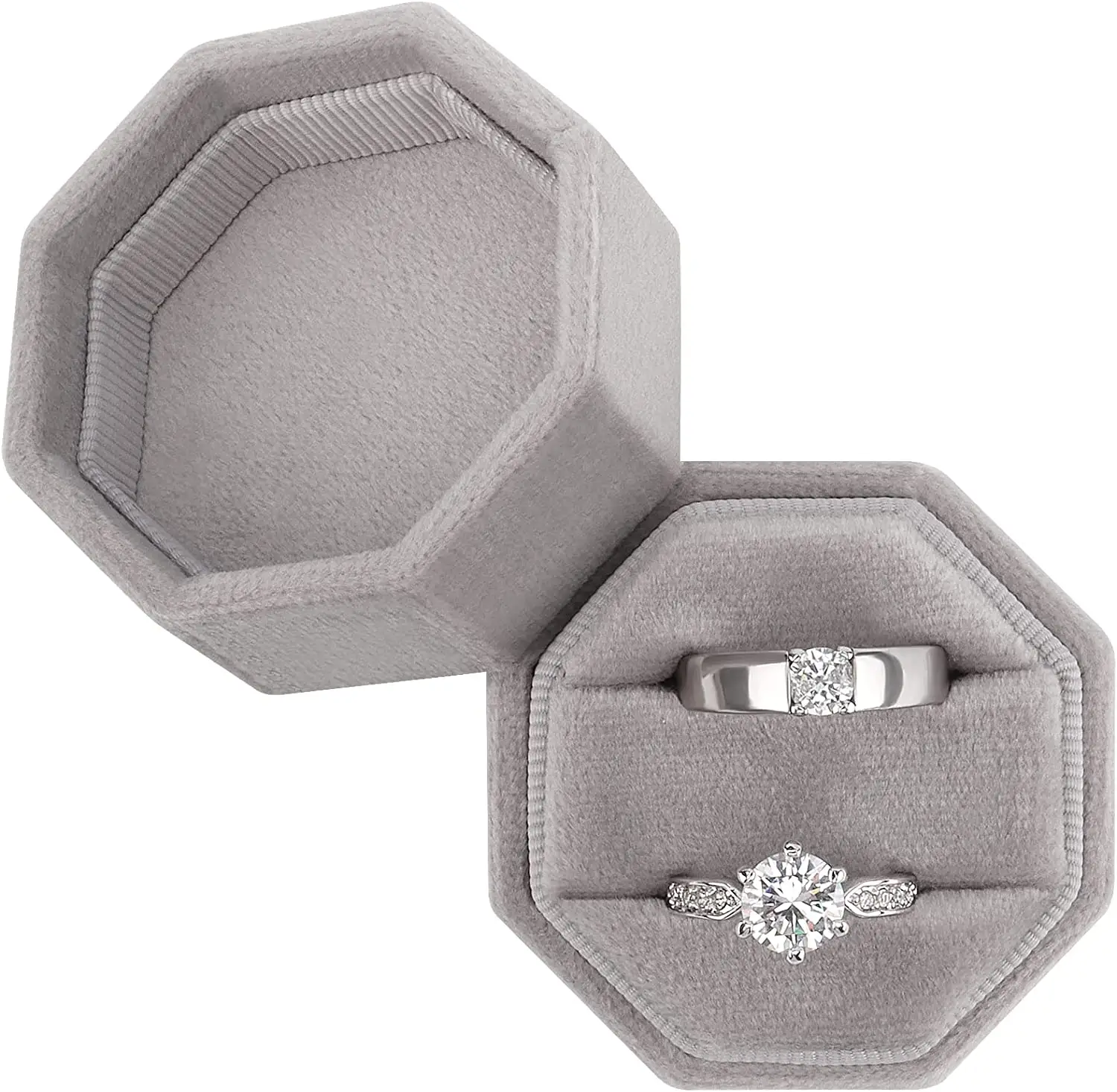 Kotak Cincin Beludru Hexagon Premium Cantik Vintage Pemegang Display Cincin Ganda dengan Tutup Dapat Dilepas untuk Lamaran