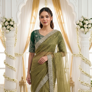 AARA Fashion FENDY JAL-850 Saree en soie verte avec bordure brodée, chemisier, protection solaire, tenue de mariage traditionnelle indienne et pakistanaise - Product Image 1