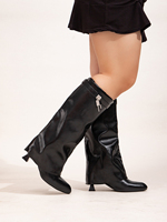 Bottes hautes noires à talon épais, pointues, grande taille, pour mollets larges, avec décoration de fermoir métallique, pliables et souples, pour l'automne et l'hiver, effet amincissant, directement de l'usine