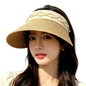 Unisex Pearl Decorated Oversized <b>Straw</b> Sun Visor <b>Hat</b>-Wide Brim UV Protection Beach & Party Cap - Product Image 1
