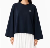 Chemisier ample et court pour femme, à manches longues, broderie lotus, manches cloche larges, coupe décontractée, bleu marine, pour usage quotidien