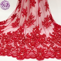 Zhehui-tela de encaje con cuentas 3d, apliques bordados de flores, color rojo, novedad de 2022