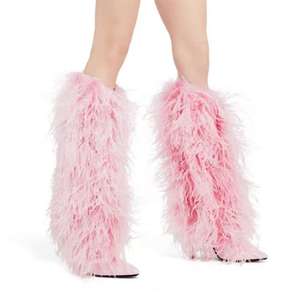 Nouveau style bout pointu stiletto super haut talon plume d'autruche <span class=keywords><strong>large</strong></span> <span class=keywords><strong>mollet</strong></span> botte chaussures <span class=keywords><strong>grande</strong></span> <span class=keywords><strong>taille</strong></span> genou-haute <span class=keywords><strong>bottes</strong></span> de fourrure pour les femmes - Product Image 4