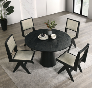5pc Black Wooden <b>Dining</b> Set with Gray Upholstery Tempered Wood <b>Top</b> <b>Table</b> Chairs 48" Round Apartment-Friendly - Product Image 1