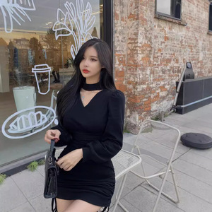 V-Neck Halter Drawstring Bodycon Mini Dress Women Long Sleeve Slim Fit Elegant Party Dress Solid Color Tight Waist - Product Image 5