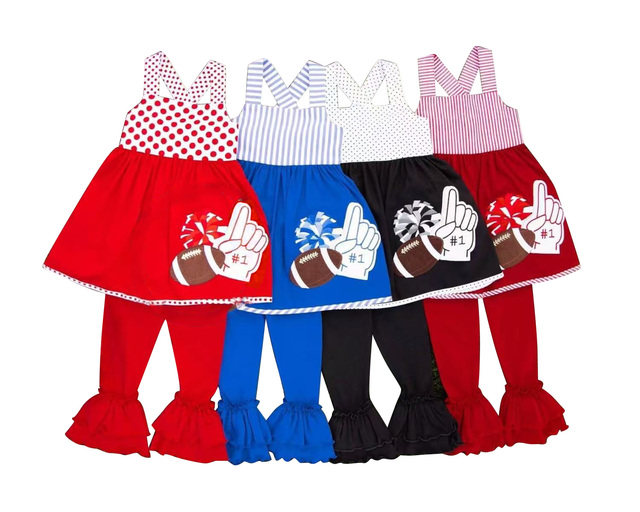 Preorder Custom Baby Girls Straps Cheer Football Team Polka Dots Tunic Top Ruffle Boutique Pants Outfits Kids Clothes Sets