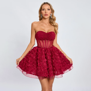 Abito Sexy senza spalline con Design a-line e perline da donna senza maniche in pizzo floreale senza maniche Mini abiti Slim festa serale con innamorati - Product Image 1