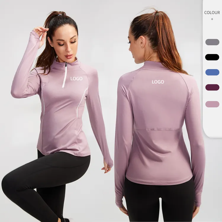 Half Zip Sports Training Jacket With Thumb Holes Turtleneck Running Women Long Sleeve Pullover Yoga Top