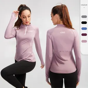 Chaqueta de entrenamiento deportivo con media cremallera para mujer, jersey de manga larga con agujeros para el pulgar, cuello alto, para correr y Yoga