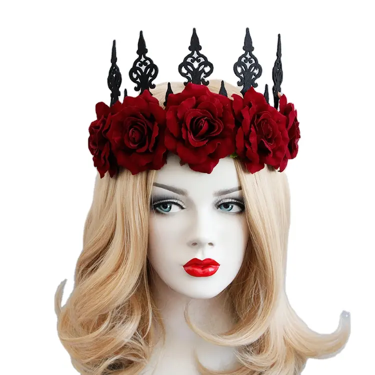 Vintage Koningin Red Rose Crown Haarband Halloween Hoofdband Woodland <span class=keywords><strong>Haar</strong></span> Krans Festival Cosplay Hoofdband Rode Roos Bloem Kroon