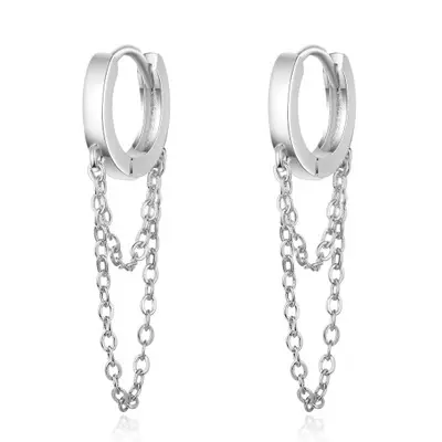 High Quality Fashion Simple Women Jewelry 925 Sterling Silver Long Tassel Chain Small Hoop Huggie Earring
