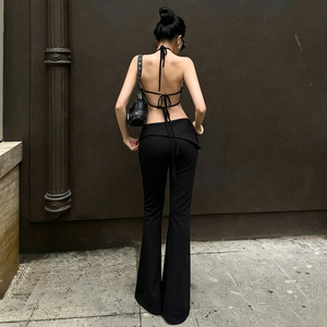 Slant Waistband Rivet Webbing Straight Trousers Patchwork Detail Street Fashion Hot Girl Elegant Flattering Unique Long <b>Pants</b> - Product Image 5
