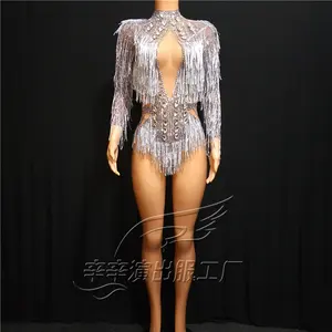 Seksi Leotard Sparkly gümüş kristal saçaklar dans kostümü Rhinestone püskül Bodysuit parti sahne gösterisi aşınma