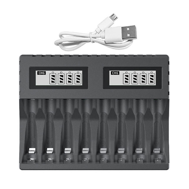 PUJIMAX 8-Slot LCD Display AA/AAA 1.5V Rechargeable Lithium-Ion Battery Charger USB Charging Cable Portable LED Illumination