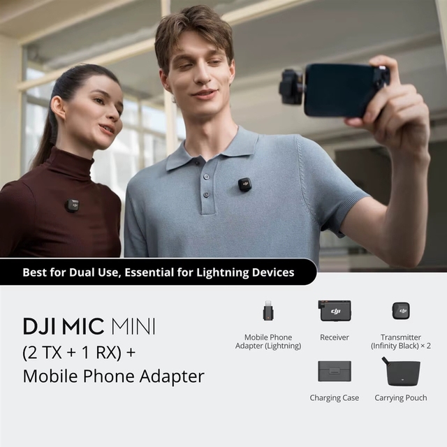DJ I Mic Mini (2 TX + 1 RX + Charging Case) + Mobile Phone Adapter (Lightning) Automatic Limiting to Prevent Audio Clipping