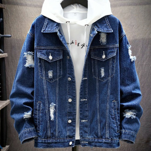 Custom Scratch Destroyed Ripped Blue Washed Denim Jacket para <span class=keywords><strong>Hombre</strong></span> Trend Ins Y2K Vintage Jacket - Product Image 6
