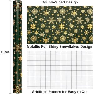 Rollo de Papel de Regalo Navideño de 17 Pulgadas x 33 Pies, Diseño de Copos de Nieve Verdes y Dorados, Papel de Embalaje para Regalos, Reciclable, de una Sola Cara - Product Image 3