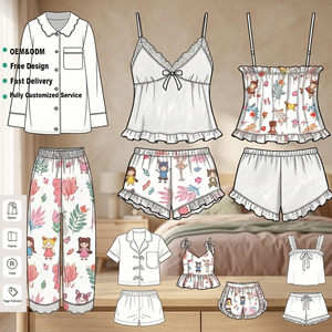 Conjunto de Pijama para Mujer con Logotipo Personalizado, Algodón, Bambú, Modal, Ropa de Dormir, Pijama Femenina, Estampado, 3 Piezas, con Volantes, Ropa para Estar en Casa - Product Image 4